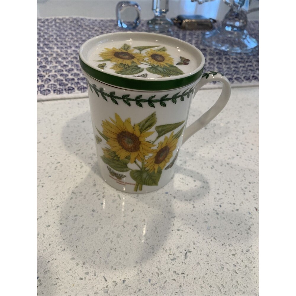PORTMEIRION Botanic Garden Sumflower Floral Tea Cup /Mug w/ Cover / Coaster